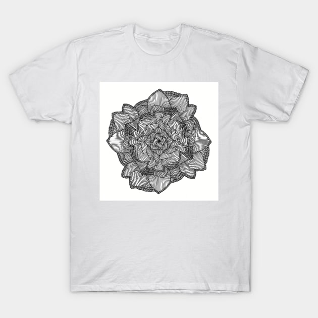 Lined Petal Mandala - Intricate Black and White Digital Illustration - Vibrant and Eye-catching Design for printing on t-shirts, wall art, pillows, phone cases, mugs, tote bags, notebooks and more T-Shirt by cherdoodles